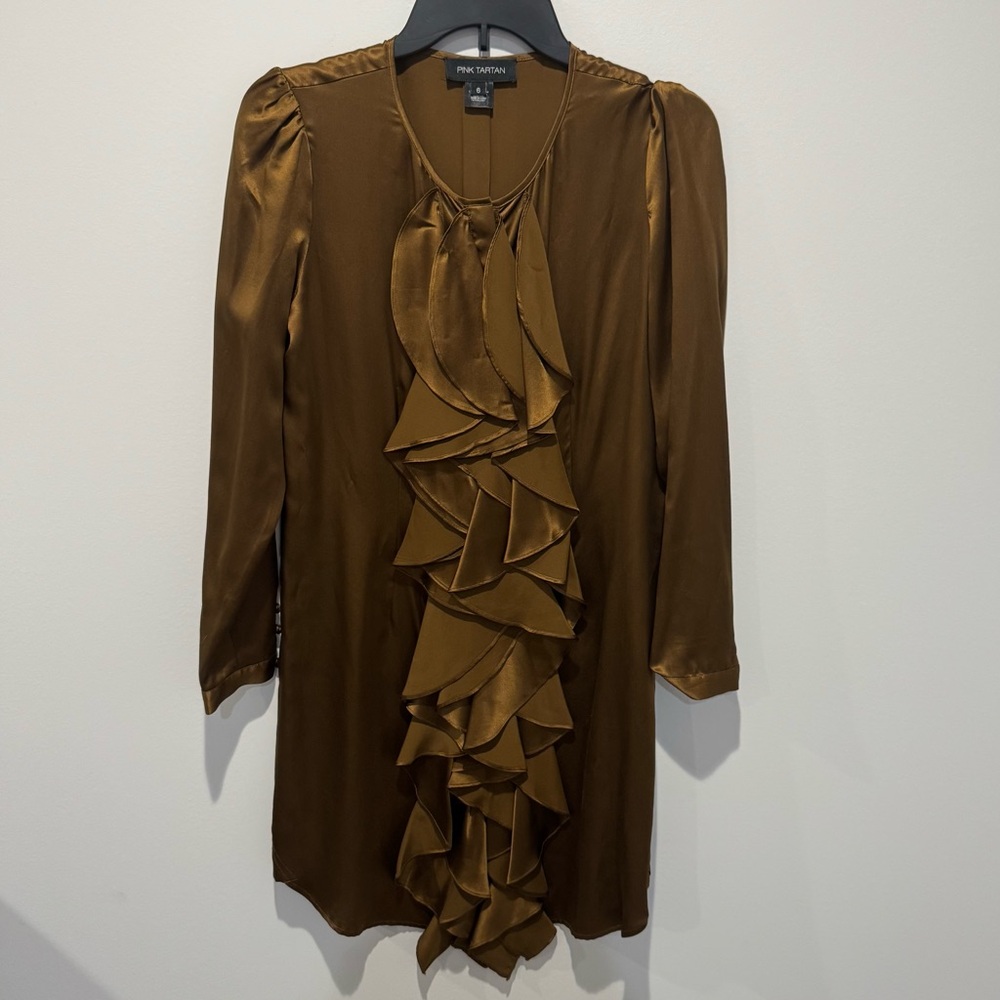 Pink‎ Tartan Bronze brown Silk Dress ruffles size 6